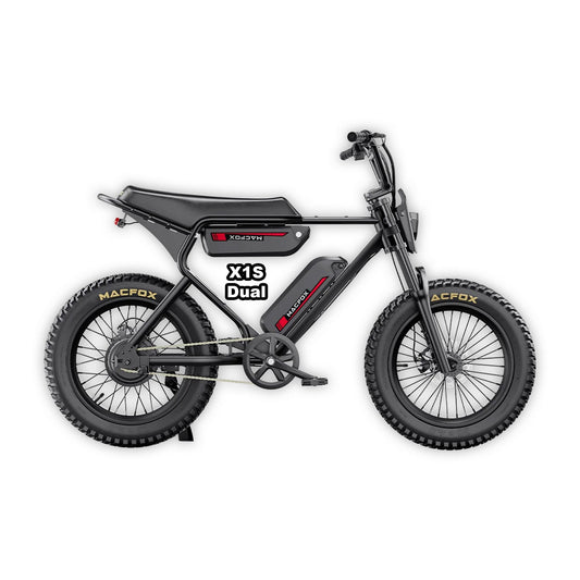 MACFOX X1S Commuter Electric e - Moto Style eBike - Step Over 500 w Electric Mini Fat Tire eBike - Moto Style Bike - Macfox - X1Sdual - eBike - Black - Box eBike Super Shop
