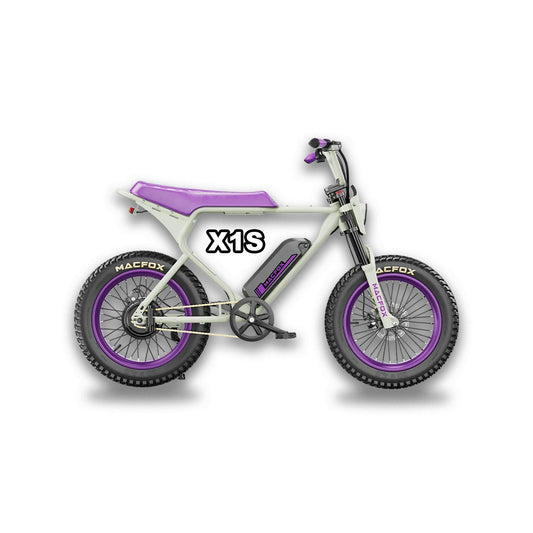 MACFOX X1S x Bs.zay Electric e - Moto Style eBike - Step Over 500 w Electric Mini Fat Tire eBike - Moto Style Bike - Macfox - X7 - eBike - White/Purple - Box eBike Super Shop