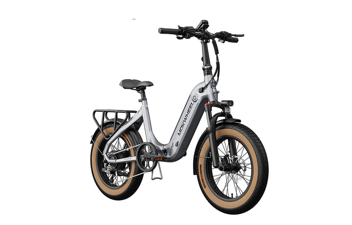 Grey MOKWHEEL Slate 500 w Step Thru Ebike 20x3 Road Electric Folding eBike