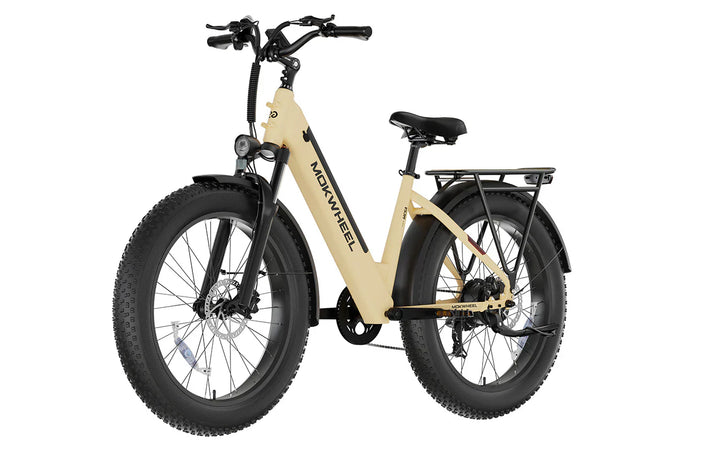 Tan MOKWHEEL Mesa Plus ST 750 w Step Thru Ebike 26x4 Fat Tire Fat Tire Electric Beach Cruiser eBike