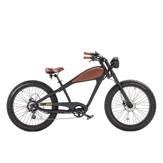 Black OB eBikes REVI Cheetah 750 w Bike in the shop Step Over Ebike 26x4 Electric Vintage eBike