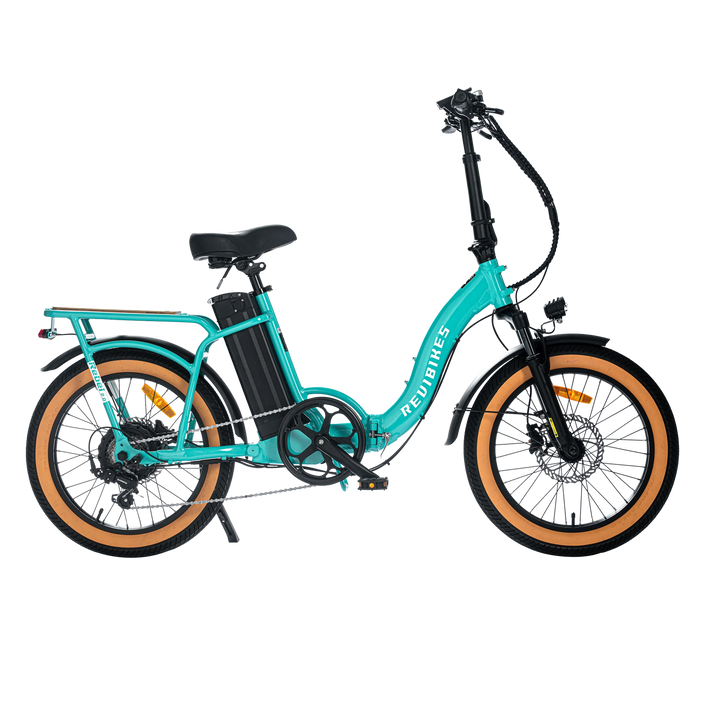 Turquoise REVI Rebel 2 750w Step Thru Ebike 20x3 Fat Tire Electric Folding eBike