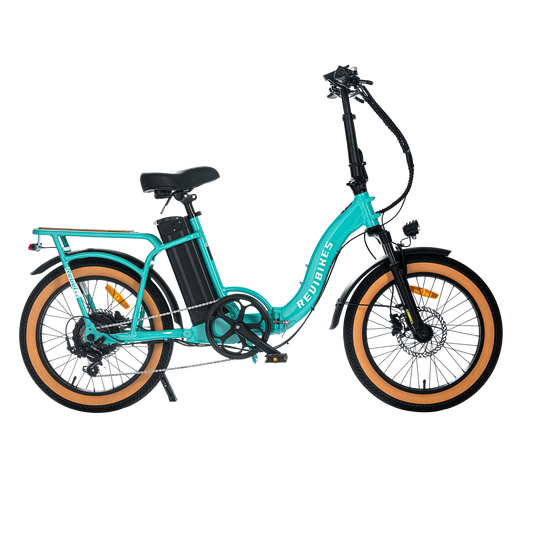 Turquoise REVI Rebel 2 750w Step Thru Ebike 20x3 Fat Tire Electric Folding eBike