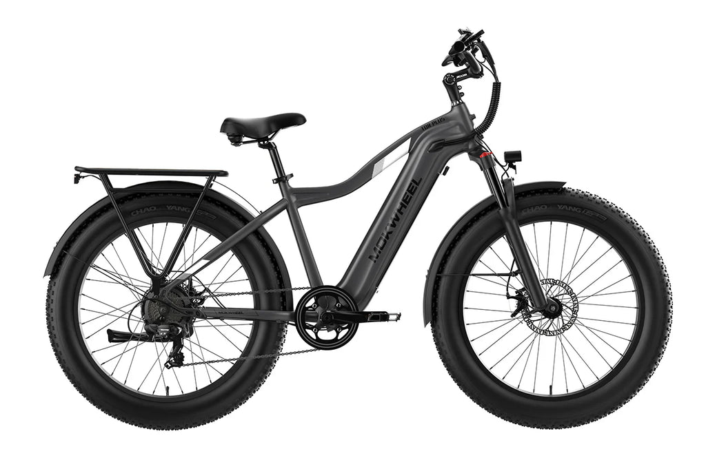 Grey MOKWHEEL Tor Plus 750 w Step Over Ebike 26x4 Fat Tire Fat Tire Electric Beach Cruiser eBike