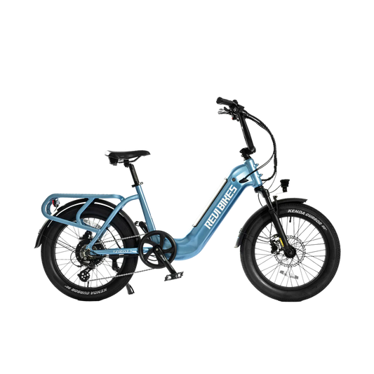 Blue REVI Runabout 2 750w Step Thru Ebike 20x3 Fat Tire Mini Electric Cargo eBike