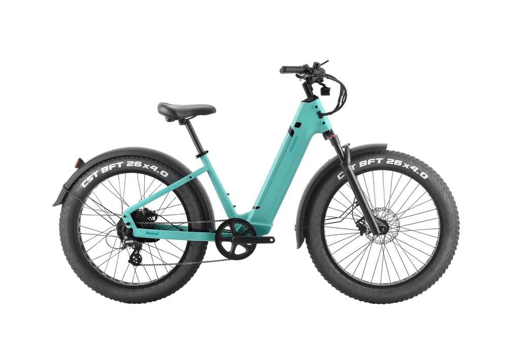 Indigo Gray VELOTRIC Nomad 1 750w Step Thru eBike 26x4 Fat Fat Tire Electric Beach Cruiser eBike