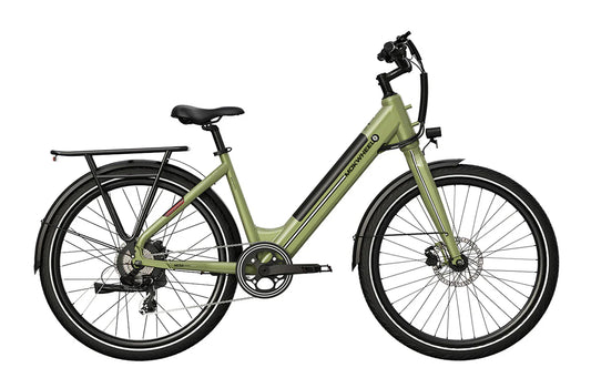 Green MOKWHEEL Mesa Light ST 350 w Step Thru Ebike 27.5x2.4 Road Electric Beach Cruiser eBike