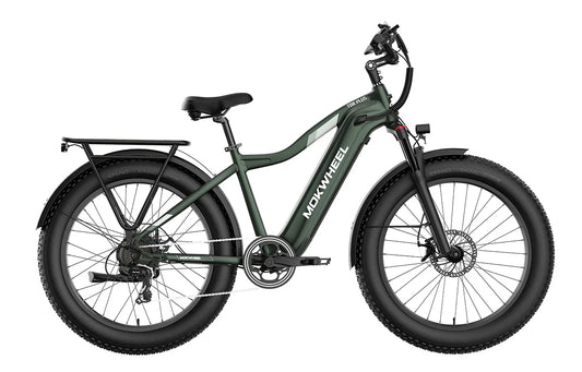 Green MOKWHEEL Tor Plus 750 w Step Over Ebike 26x4 Fat Tire Fat Tire Electric Beach Cruiser eBike