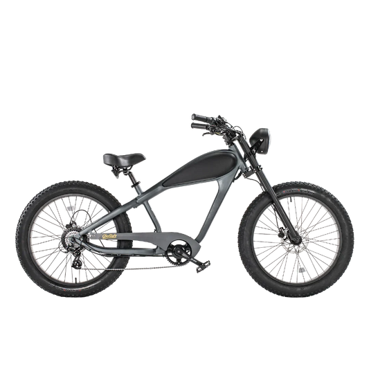 Black OB eBikes REVI Cheetah 750 w Bike in the shop Step Over Ebike 26x4 Electric Vintage eBike