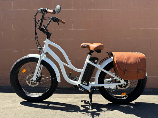 Custom White Gloss 750 w Fat Tire Electric Beach Cruiser eBikeStep Thru 24x3 Fat tire electric bike