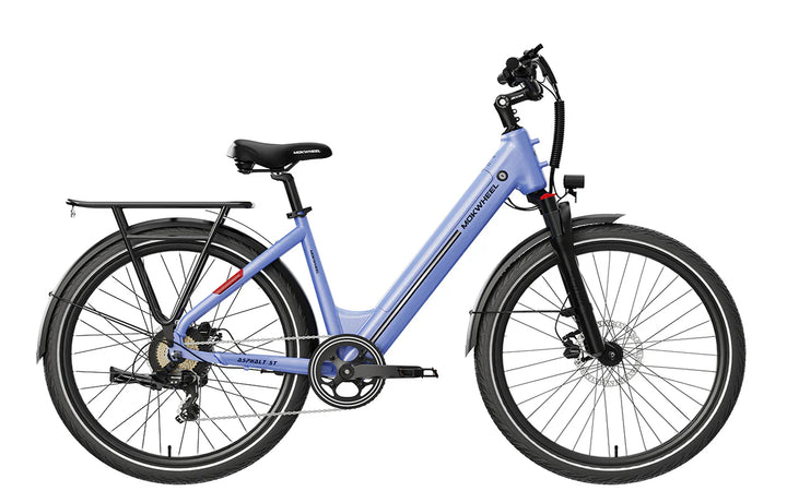 Purple MOKWHEEL Asphalt ST 500 w Step Thru Ebike 27.5x2.4 Urban Electric Beach Cruiser eBike