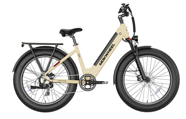 Grey MOKWHEEL Mesa Plus ST 750 w Step Thru Ebike 26x4 Fat Tire Fat Tire Electric Beach Cruiser eBike