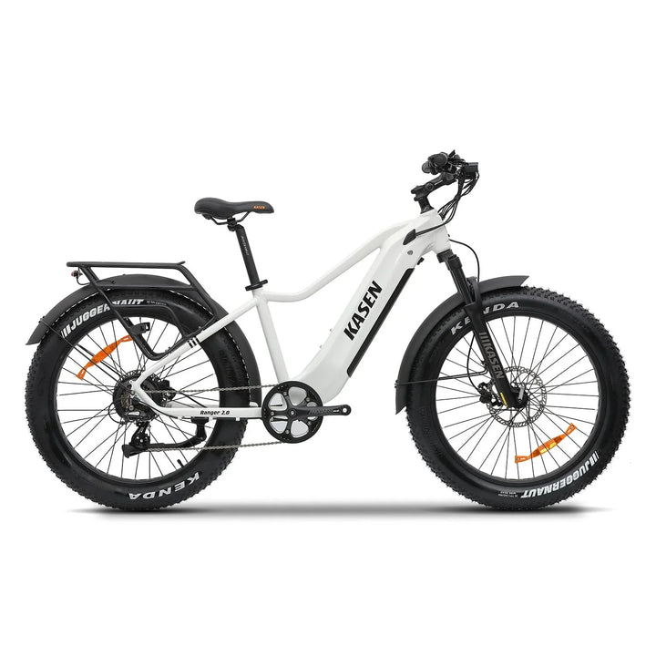 White KASEN Ranger 2.0 750 w Step Over Ebike 26x4 Fat Fat Tire Electric Beach Cruiser eBike