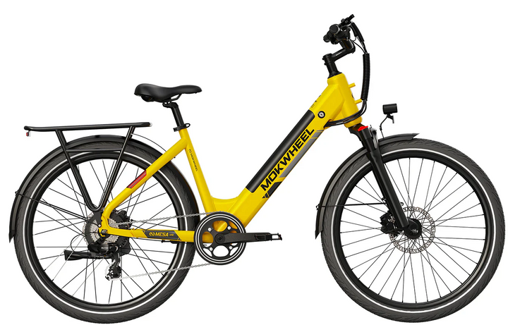 Yellow MOKWHEEL Mesa Light ST 2.0 350 w Step Thru Ebike 27.5x2.4 Urban Electric Beach Cruiser eBike