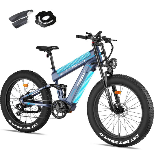 Blue FREESKY Alaska M-520 Pro 1000 w Mountain Ebike 4 Fat Tire Electric Fat Tire Mountain eBike