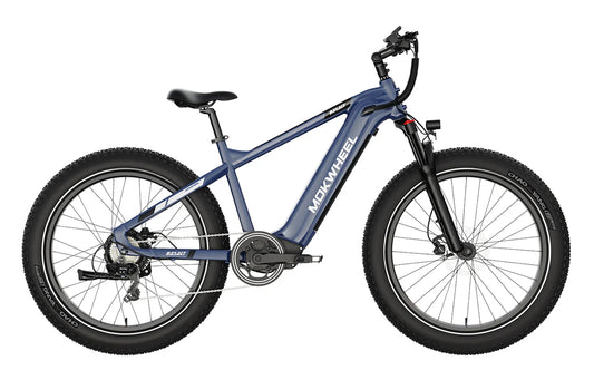 Blue MOKWHEEL Basalt 750 w Step Over Ebike 26x4 Fat Tire Fat Tire Electric Beach Cruiser eBike