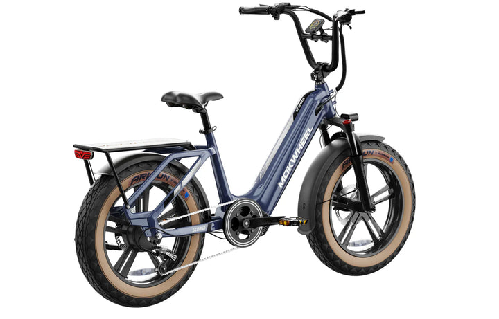 Red MOKWHEEL Scoria 750 w Step Thru Ebike 20x4 Fat Tire Electric Cargo eBike