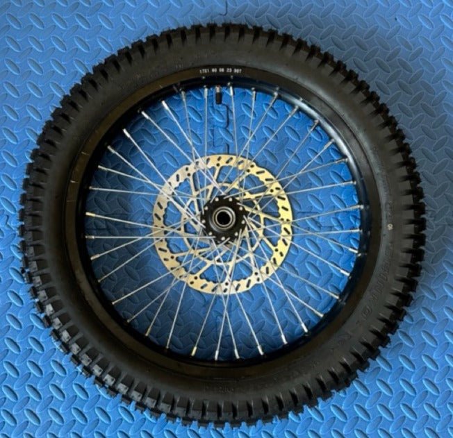 eMoto Shinko 241 Dual Sport 17" front wheel and tire set for eMoto bikes, made for Talaria, Surron, eRide Pro V1 & V2 ** NOT FOR eRide Pro V3 **, and Throne, available at eBike Super Shop, providing excellent traction, durability, and performance on both off-road and on-road riding conditions.