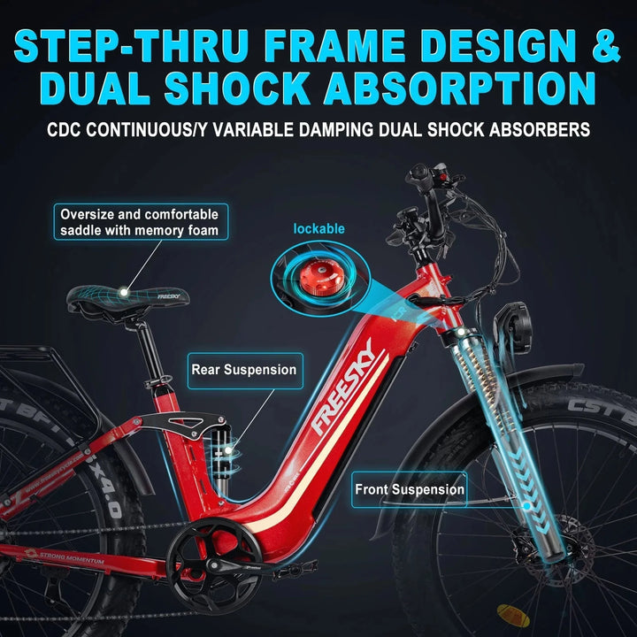 FREESKY Wildcat Pro A - 340 1000 w Step Thru Ebike 4 Fat Tire Electric Fat Tire Mountain eBike - Mountain eBike - FREES|MOUNT|RED|0113 eBike Super Shop