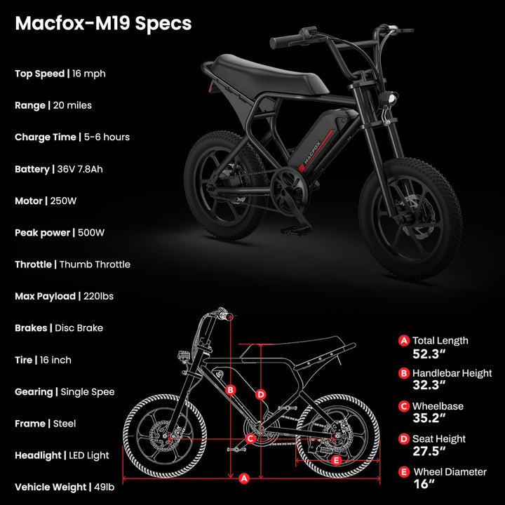 MACFOX M19 Electric e - Moto Style eBike - Step Over 250 w Electric Mini Fat Tire eBike - Moto Style Bike - Macfox - M19 - eBike - Black - Box eBike Super Shop