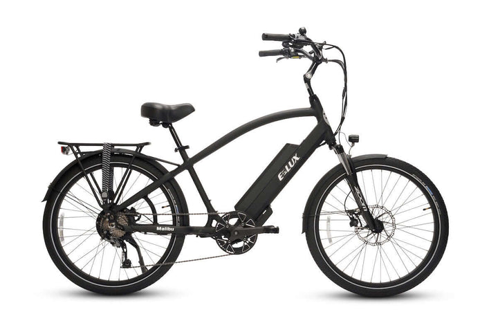 Matte Black w/Red Rims ELUX Malibu 500 w Step Over eBike 26x2.1 Street Electric Beach Cruiser eBike