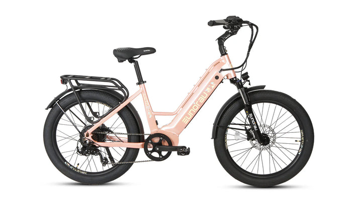 Pink EUNORAU Meta 2024 500w Step Thru eBike 24x3 Fat Fat Tire Electric Beach Cruiser eBike