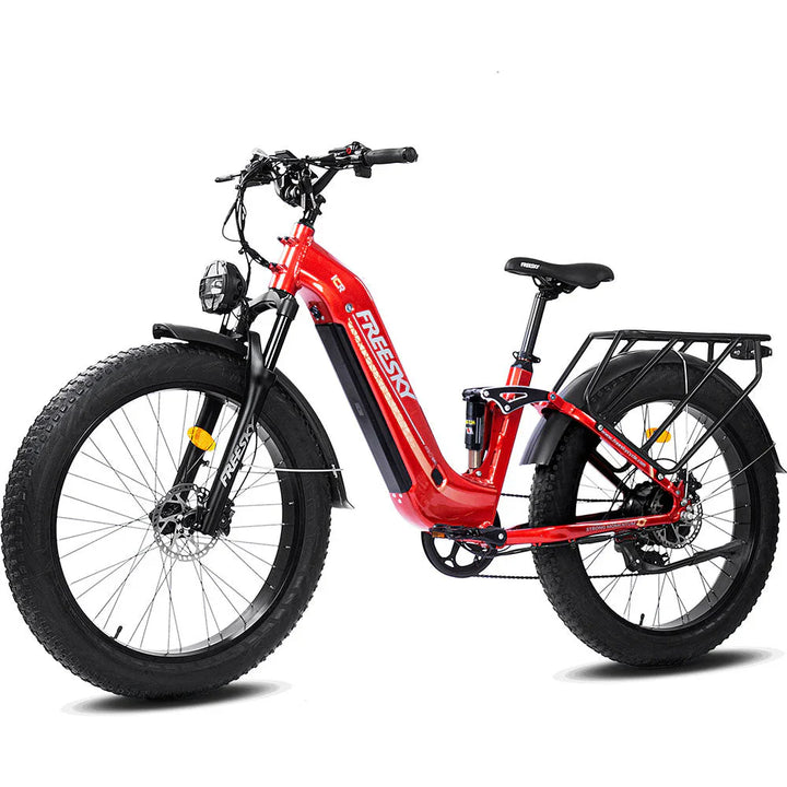 Red FREESKY Wildcat Pro A-340 1000 w Step Thru Ebike 4 Fat Tire Electric Fat Tire Mountain eBike