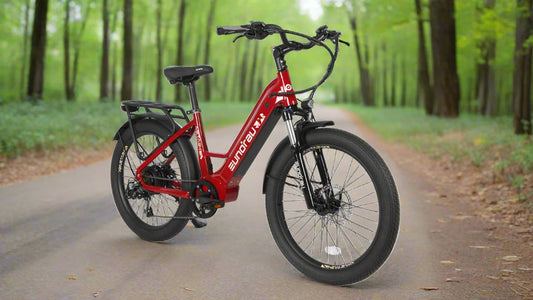 Red EUNORAU Meta 2024 500w Step Thru eBike 24x3 Fat Fat Tire Electric Beach Cruiser eBike