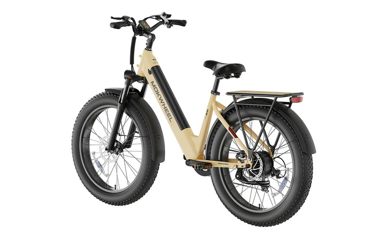 Grey MOKWHEEL Mesa Plus ST 750 w Step Thru Ebike 26x4 Fat Tire Fat Tire Electric Beach Cruiser eBike