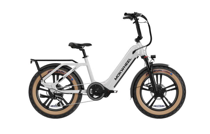 Green MOKWHEEL Scoria 750 w Step Thru Ebike 20x4 Fat Tire Electric Cargo eBike