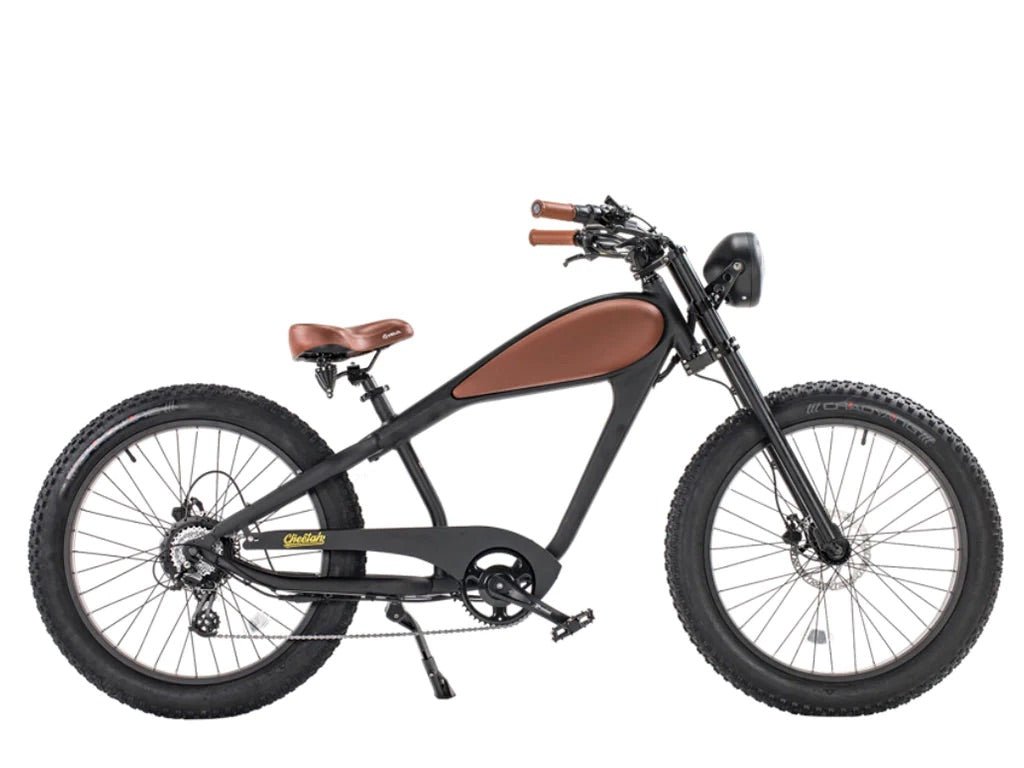 REVI Cheetah Cafe Racer Black/Brown eBike - Custom Electric Fat Tire e-bike Black on Brown Stock by Revi - Electric Bike Super Shop